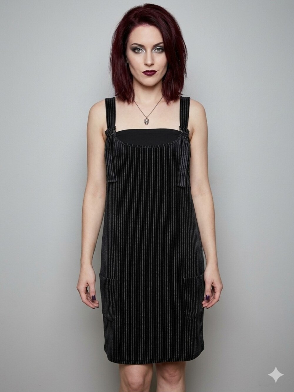 ModCloth Black Metallic Silver Pinstripe Pinafore Overall Dress, Size L